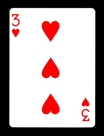 Three of hearts playing card, isolated on black background.の写真素材