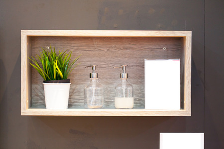 Soap dispensers and small tree in a wooden shelf.の写真素材