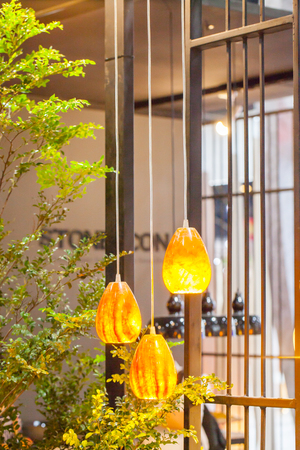 Beautiful chandelier. luxury expensive chandelier hanging under ceilingの写真素材