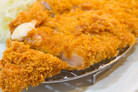 Fried cutlet pork (Tonkatsu : Japanses foods) on white plate with cabbageの写真素材