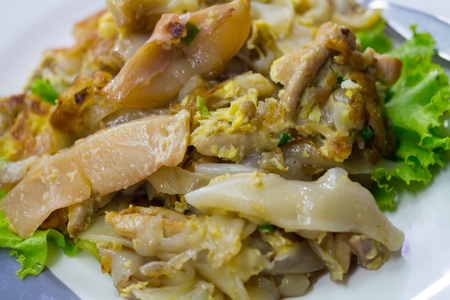 Stir fried flat noodle and chicken and egg Thai street foodの写真素材