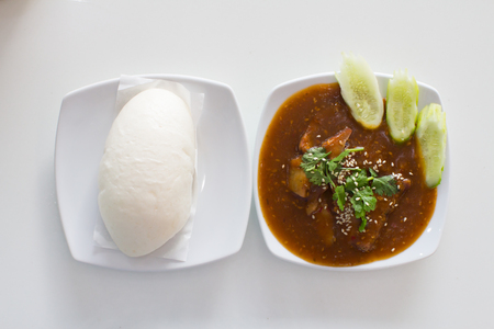 Stream bun serve with red pork Thai foodの写真素材