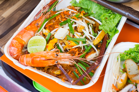 Thai Fried Noodles "Pad Thai" with shrimp and vegetablesの写真素材