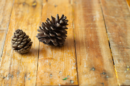 Pine cones on wooden backgroundの写真素材