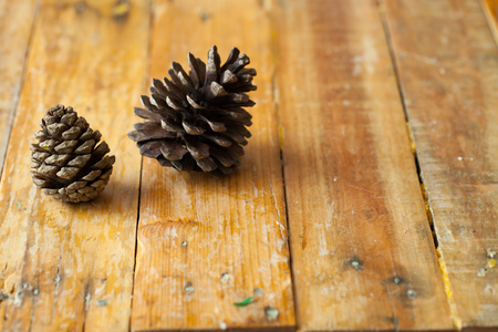 Pine cones on wooden backgroundの写真素材