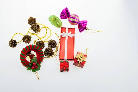 Gift boxes and decoration Christmas Day and New Year's isolated on a white surface.の写真素材