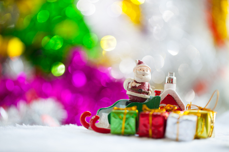 Christmas props decorations on christmas snow field background with copy space.Merry Christmas and happy new year concept.の写真素材