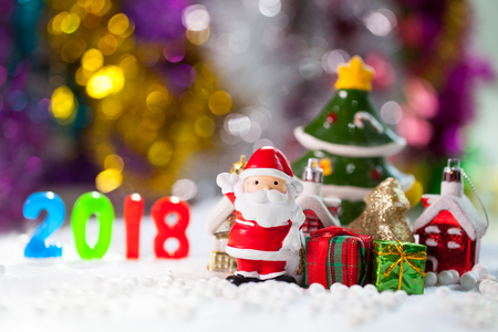 Christmas props decorations on christmas snow field background with copy space.Merry Christmas and happy new year concept.の写真素材