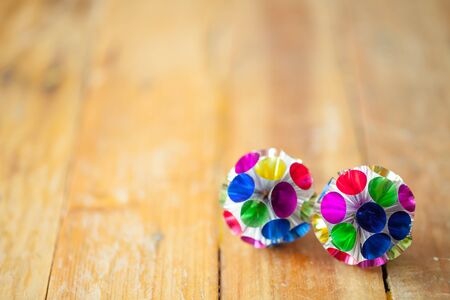 Christmas decoration on wooden background with selective focus and copy spaceの写真素材