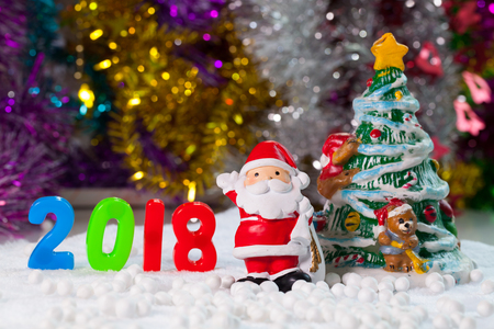 Christmas props decorations on christmas snow field background with copy space.Merry Christmas and happy new year concept.の写真素材