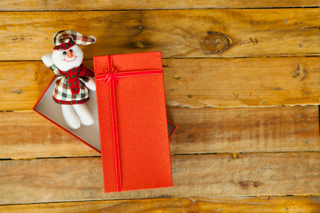 gift boxes on wooden background with copy spaceの写真素材