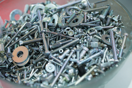 Group close up nut and scew stainless steel for industrial selective focusの写真素材