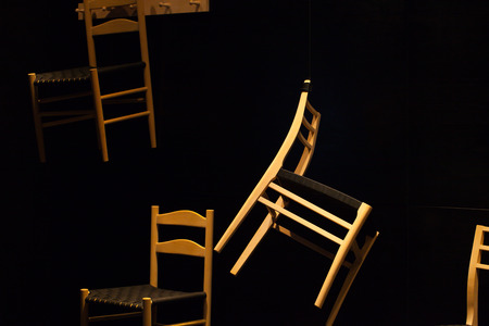 Wooden table hangin in the airの写真素材