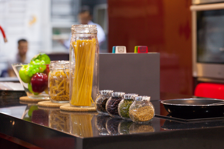 Close up pasta spaghetti Pasta & Noodles in glass bottle with variuos bean  in bottleの写真素材