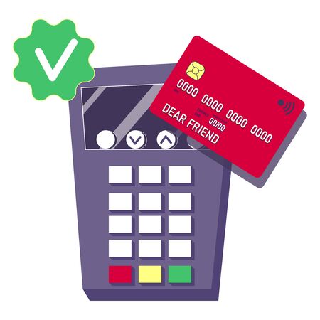 Payment accepted flat vector illustration. Concept for successful booking and online shopping, bank site, marketing platform, web marketplace. Debit or credit card with green tick and terminalのイラスト素材