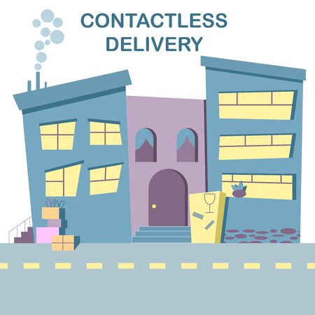 Delivery without contact. Town street with boxes and parcels on doorsteps. Logistic during social distancing. Online shipping service to deliver goods to customers, buyers. Flat cartoon vector conceptのイラスト素材