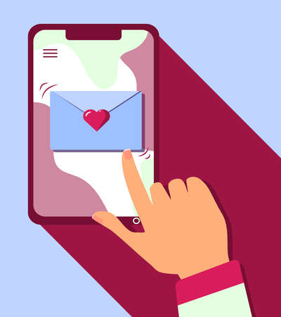 New incoming love message screen notification. Finger tap gesture, smartphone, envelope with heart. Romantic chat, dating application, long distance relationship concept illustration. Flat vector.のイラスト素材