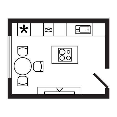 Straight kitchen with island configuration floor plan. Furniture and equipment placement example scheme. Line icon for website about design or architecture. Vector isolated. Fridge, sink, table, chairのイラスト素材