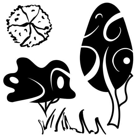 Abstract tree and bush silhouette set. Black graphic icons. Foliage with curved, top view symbol for plan or scheme. Schematic minimalist drawings. Strange shapes. Isolated vector.のイラスト素材