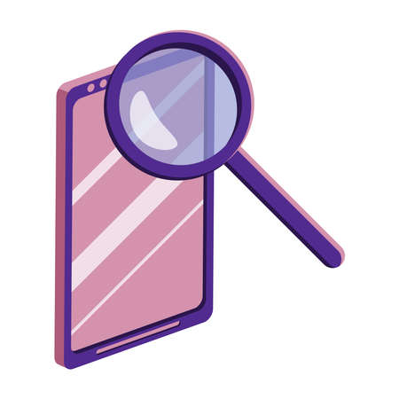 Smartphone and magnifying glass. Mobile technology, internet search, seeking for information, lost and found service, data research concept icon. Flat cartoon isolated vector illustration.のイラスト素材