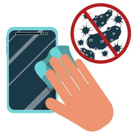 Hand cleaning smartphone with prohibition sign of virusのイラスト素材