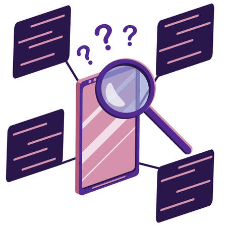 Smartphone, magnifying glass, search results, documents, messages. Find data, information in mobile internet, gadget file system, friends in social media. Flat cartoon isolated vector illustration.のイラスト素材