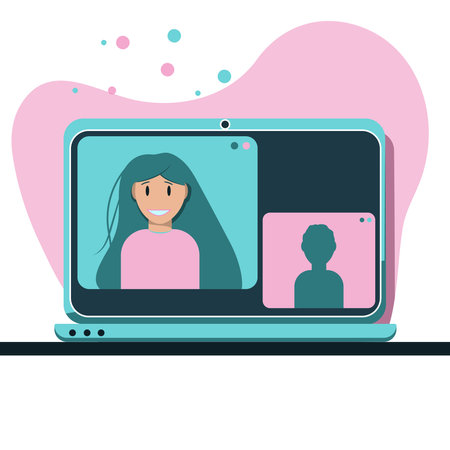 Laptop screen with people talking, zoom conference, online education lesson. Remote work concept illustration. Friends, colleagues livestream. E-learning. Flat isolated vector. Multi chat messandgerのイラスト素材