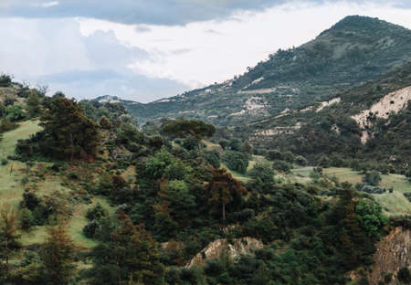 mountain landscape with green grass in springの写真素材