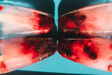 Hand made ice cream stick on a blue plate. With sun shadows. Ice cream with berries.の写真素材