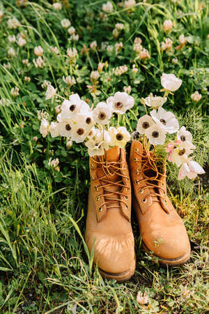 Shoes with a bouquet of white wildflowers anemone inside.の写真素材