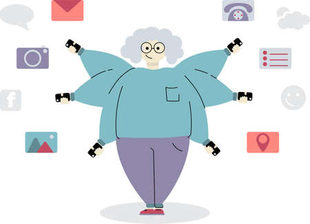 A woman with a phone performs many tasks at the same time. Multitasking thanks to modern technology.