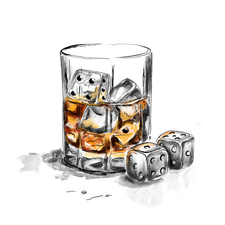 Glass of whiskey with ice cubes and dice. Hand drawn watercolor illustrationの写真素材