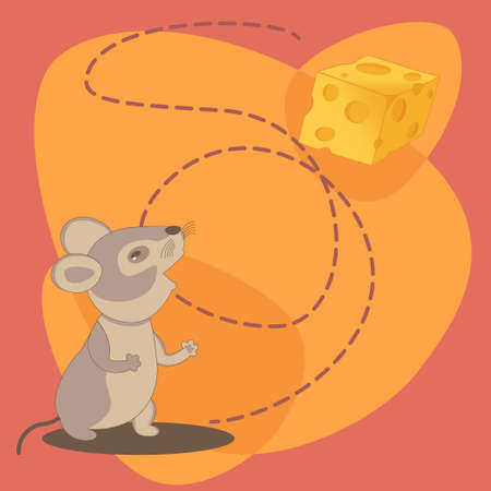 Cute cartoon mouse with cheese on abstract background.  Summer background in bright colors.のイラスト素材