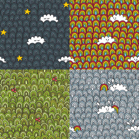 Seamless rainbow and clouds pattern. Vector illustration.のイラスト素材