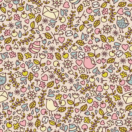 Seamless pattern with romantic birds, hearts and flora. Vector doodle illustration.のイラスト素材