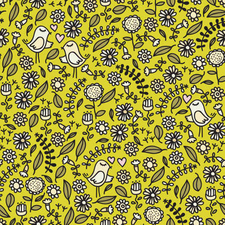 Seamless pattern with romantic birds, hearts and floral elements.のイラスト素材