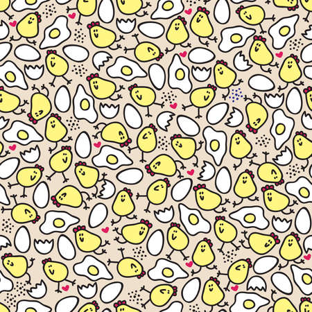 Crazy chicken seamless pattern. Vector doodle illustrationのイラスト素材