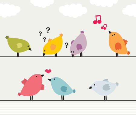 Vector illustration of colorful birds on wires.のイラスト素材