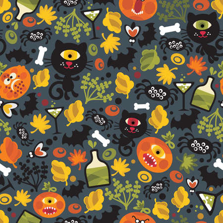 Seamless Halloween background with monsters. Vector pattern.のイラスト素材