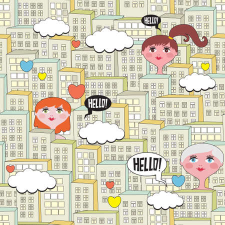 Buildings and nude girls seamless pattern. のイラスト素材