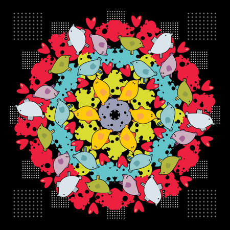 Circle ornament with birds and spots. のイラスト素材