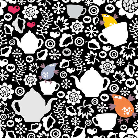 Birds and cups seamless pattern. のイラスト素材