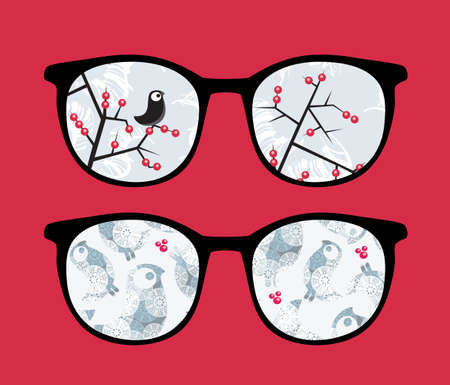 Retro sunglasses with  winter birds reflection in it. のイラスト素材