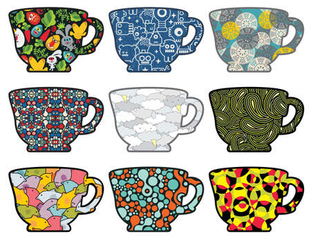 Set of tea cups with cute patterns.のイラスト素材