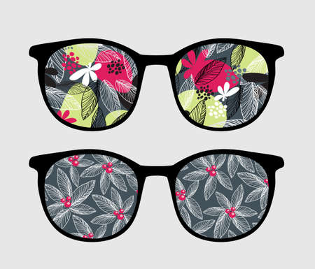 Retro sunglasses with dark flowers reflection in it  のイラスト素材