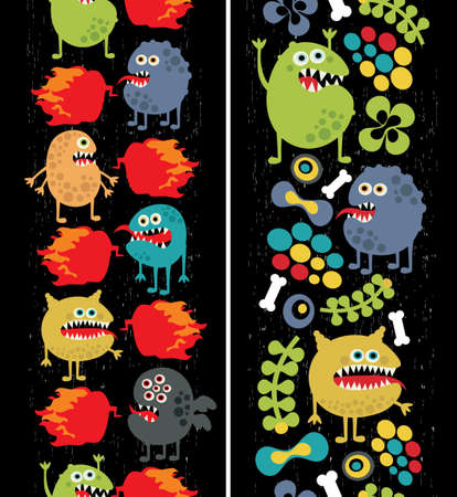 Two vertical seamless patterns with monsters, plants and fire  のイラスト素材