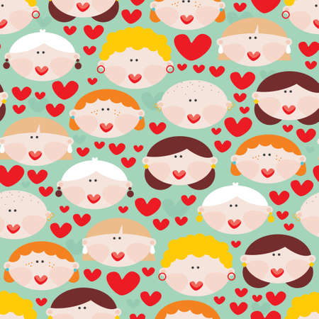 Seamless pattern with female faces and hearts  のイラスト素材