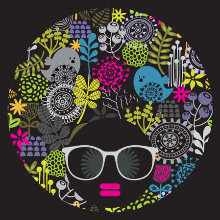 Black head woman with strange pattern hair illustration のイラスト素材