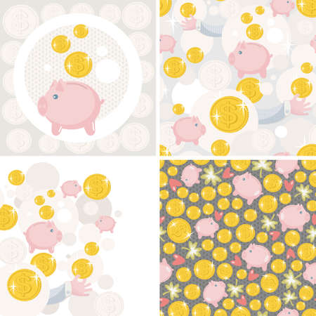 Set of four illustrations with saving pig. Vector pattern.のイラスト素材