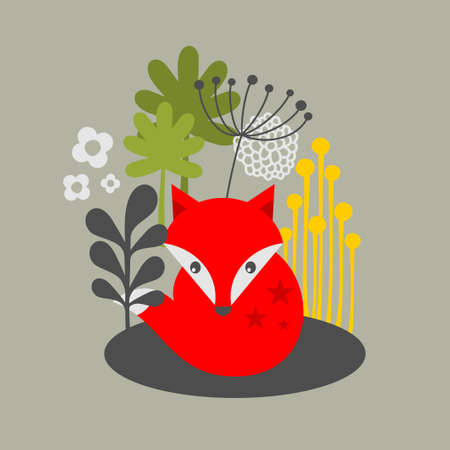 Vintage fox and flowers print. Vector illustration.のイラスト素材